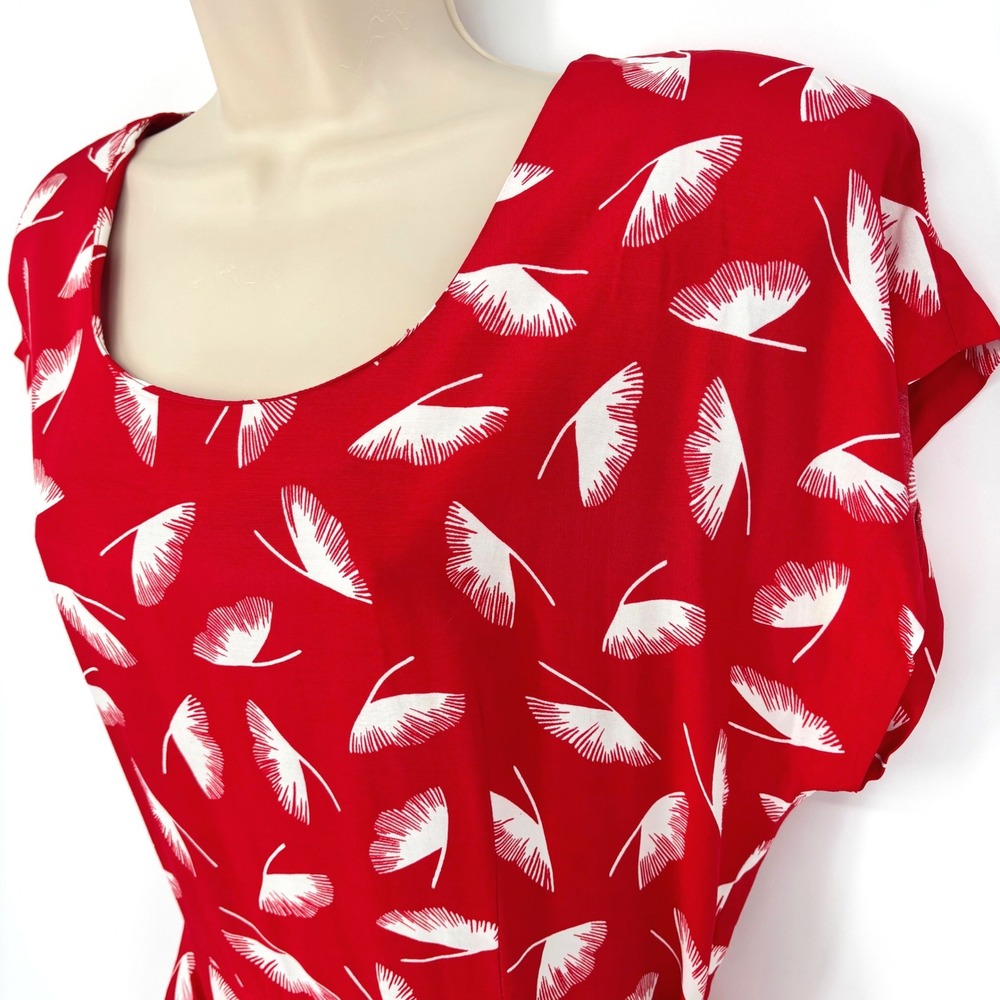 Marnie West Vintage Red White Ginkgo Leaf Peplum Side Tie Midi Dress 15-16 USA